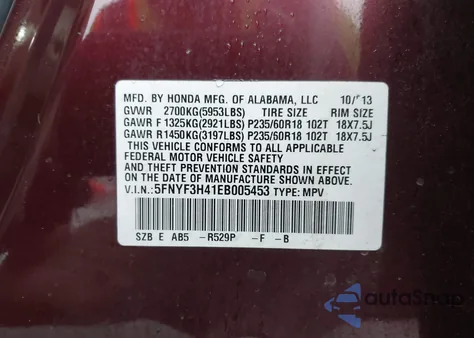 2014 Honda Pilot Ex из США, поврежденный, VIN 5FNYF3H41EB005453